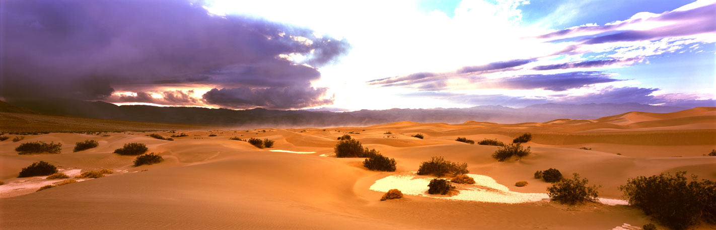 Panoramic Fine Art Photography ~ Panorama Landscape Photo Gallery Swirling Sandstorm, Mesquite Flat Sand Dunes, Death Valley